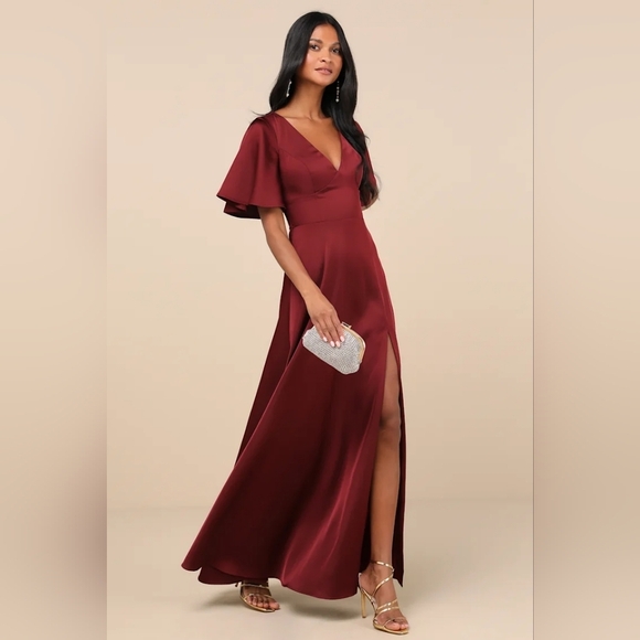 Lulus Elegant Confidence Red Satin Flutter Sleeve Cutout Maxi Dress Wedding - Picture 4 of 9